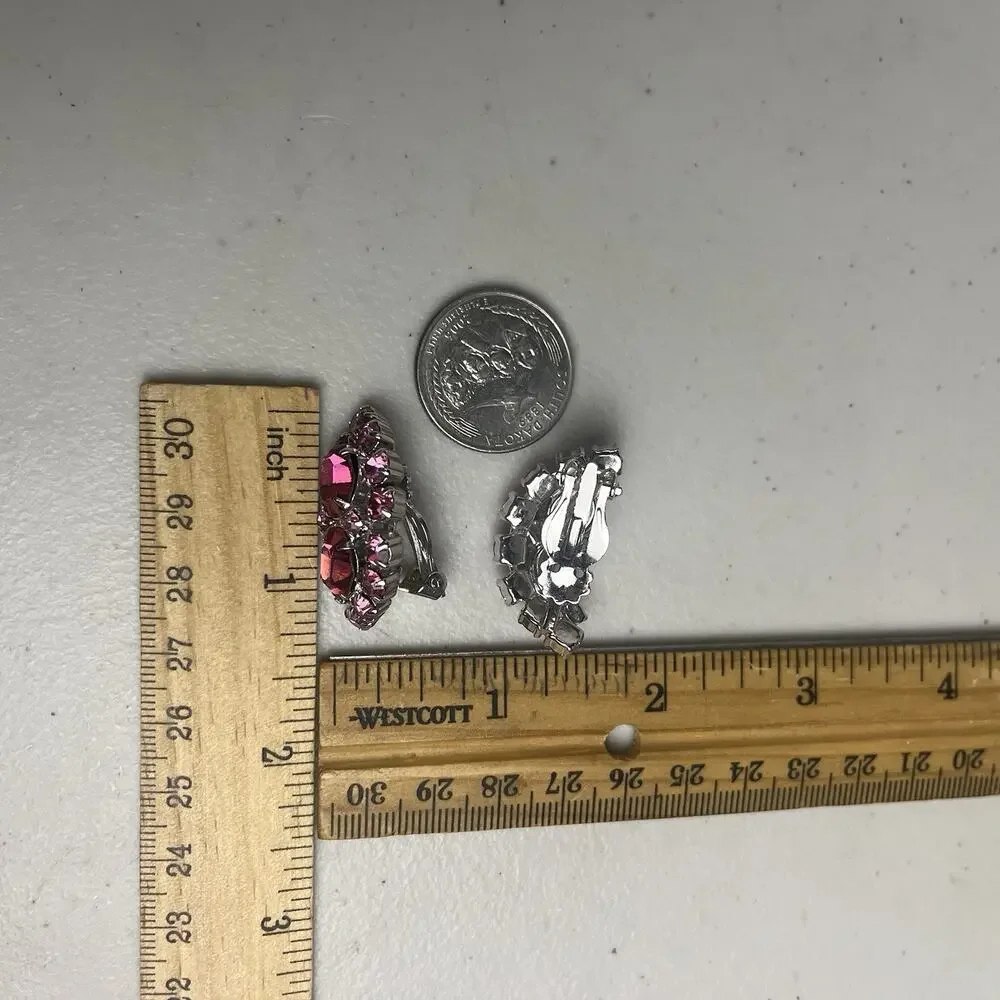 Pink Rhinestone Glass Art Clip On Earrings Silver Tone Crescent Vintage 50s 60s